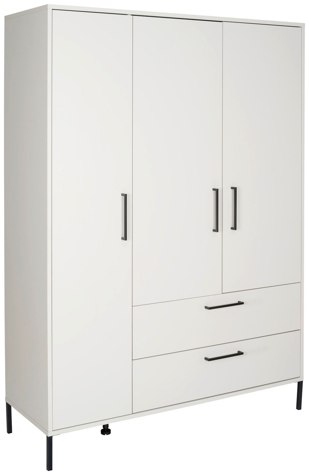 Weißer Kleiderschrank mit drei Türen und zwei Schubladen, seitliche Perspektive