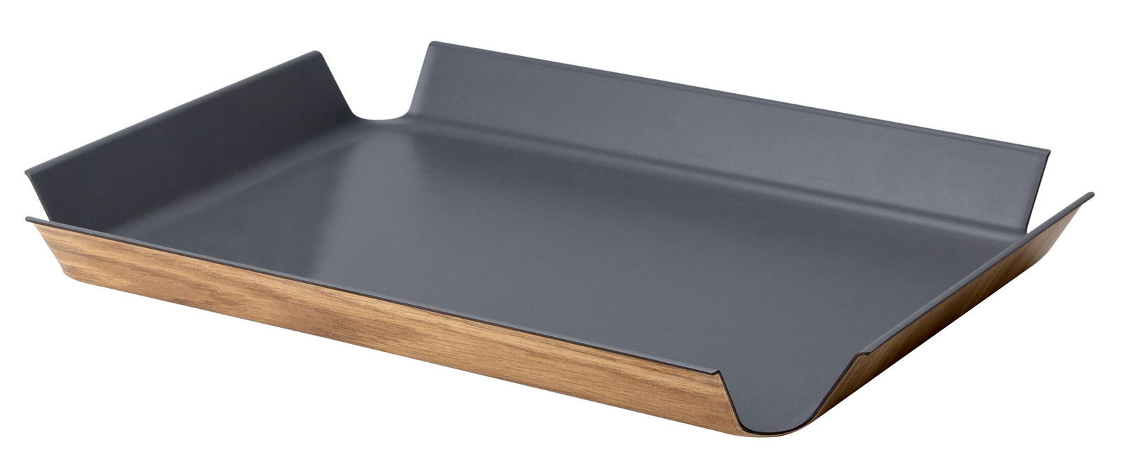 Rutschfestes Tablett in Grau mit Holzoptik, seitliche Perspektive