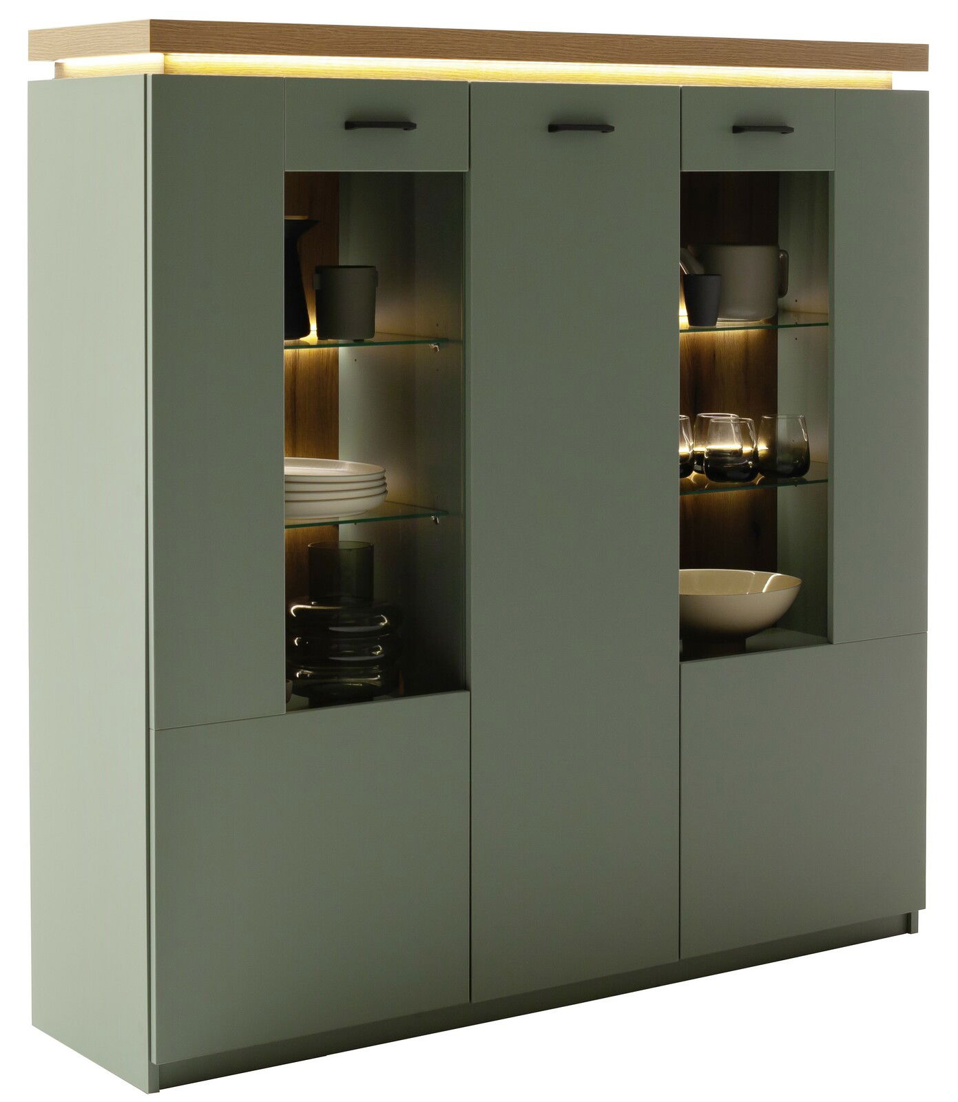 Modernes Highboard mit drei Türen, Glasregalen und integrierter Beleuchtung, frontal betrachtet.