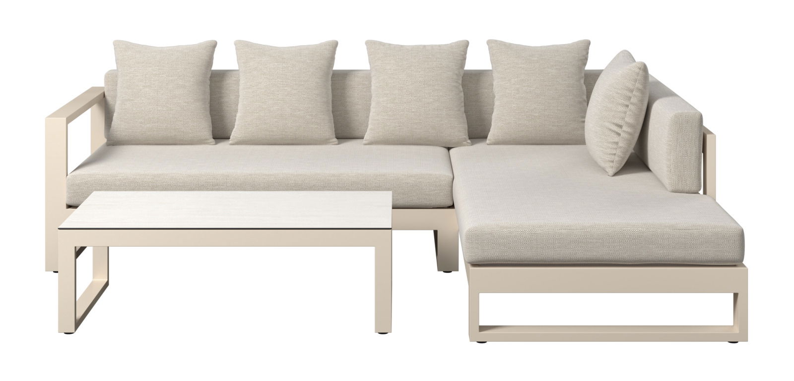 Frontansicht eines modernen Lounge-Sets mit beigem Stoff und Kissen, bestehend aus einem Sofa und einem Tisch.