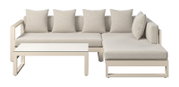 Frontansicht eines modernen Lounge-Sets mit beigem Stoff und Kissen, bestehend aus einem Sofa und einem Tisch.