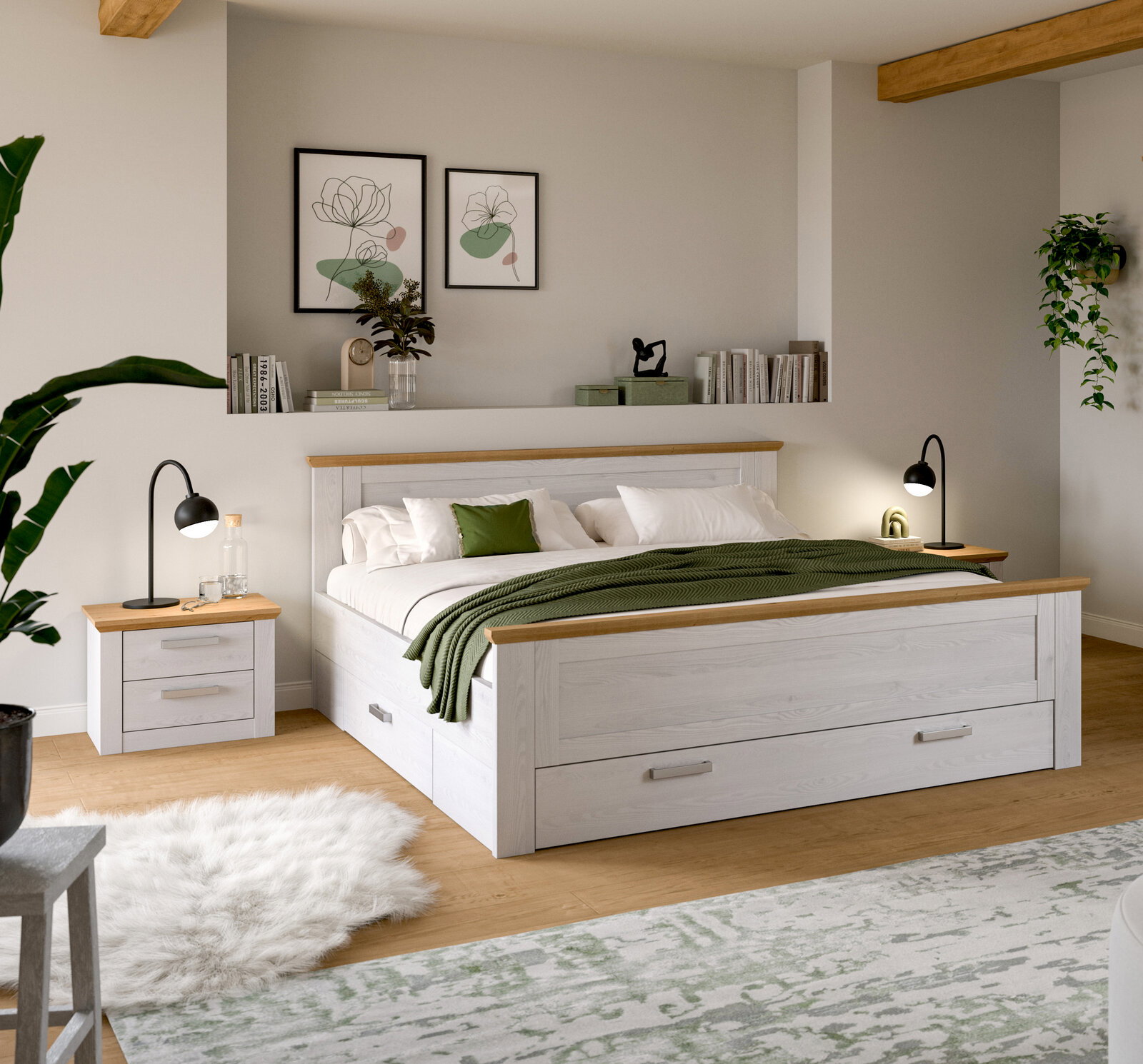 Modernes Schlafzimmer mit weißem Holzbett mit Schubladen und Eiche-Akzenten, grünem Plaid und Nachttischen Perspektive: frontale Ansicht leicht von links.