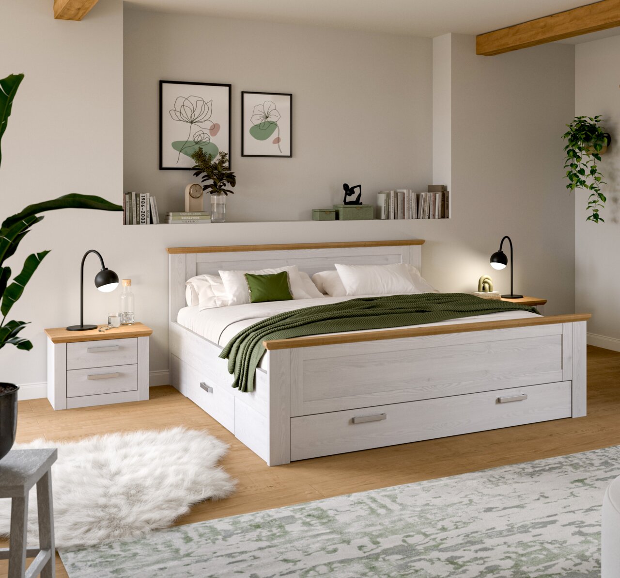 Modernes Schlafzimmer mit weißem Holzbett mit Schubladen und Eiche-Akzenten, grünem Plaid und Nachttischen Perspektive: frontale Ansicht leicht von links.