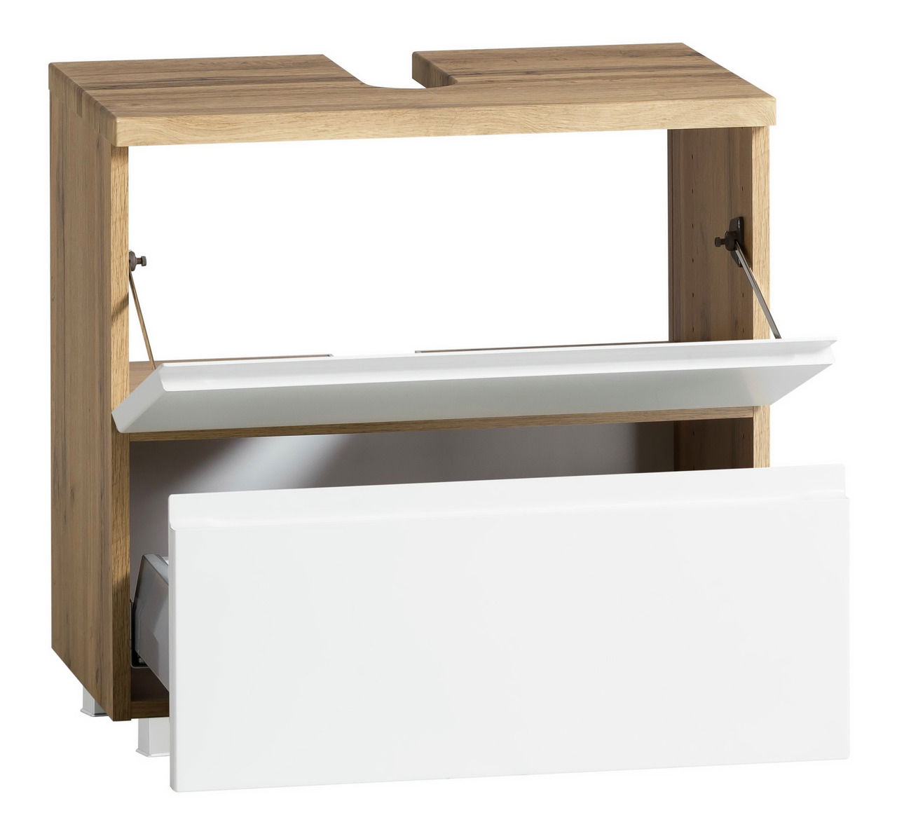 Waschbeckenunterschrank aus Holz mit zwei offenen Schubladen, Frontansicht