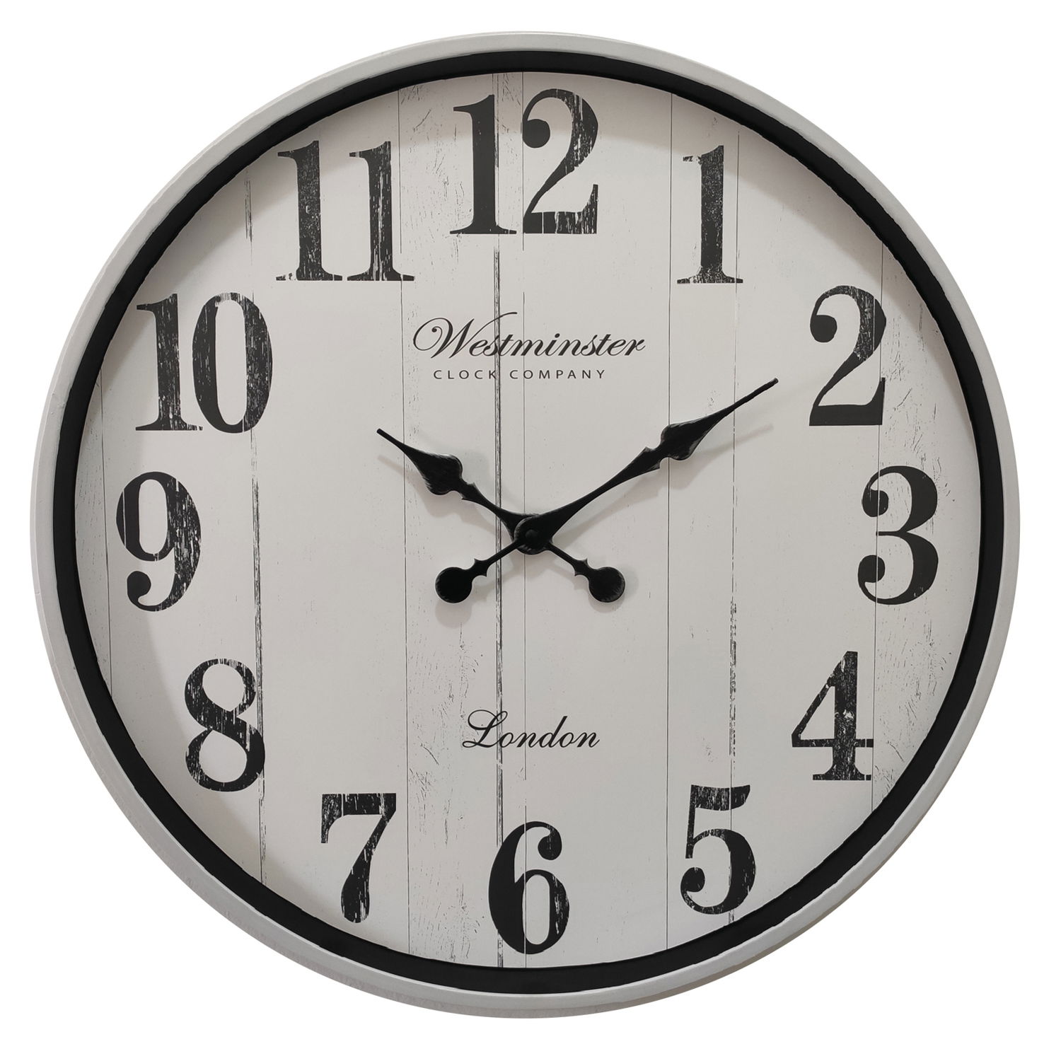 BHP Wanduhr Runde Wanduhr mit großen schwarzen Ziffern und Zeigern auf weißem Hintergrund, frontal abgebildet.