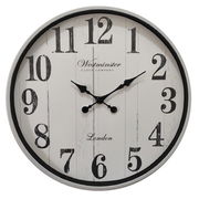 Runde Wanduhr mit großen schwarzen Ziffern und Zeigern auf weißem Hintergrund, frontal abgebildet.