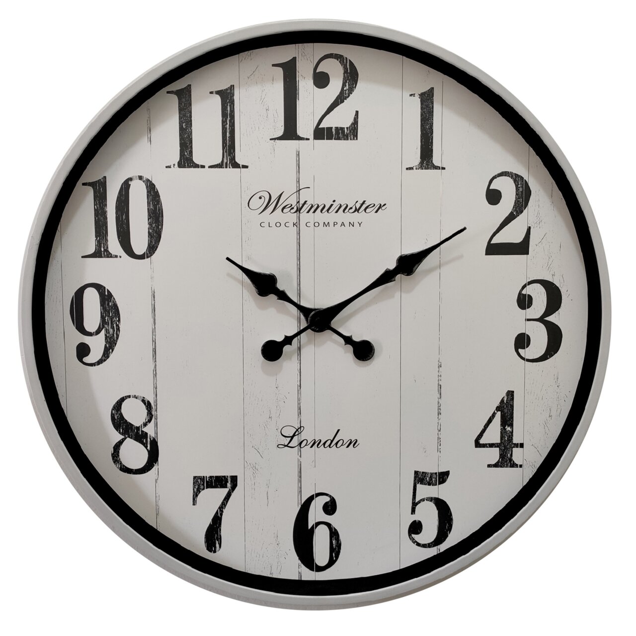 Runde Wanduhr mit großen schwarzen Ziffern und Zeigern auf weißem Hintergrund, frontal abgebildet.