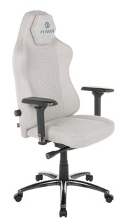 Grauer Gaming-Stuhl mit ergonomischem Design, verstellbaren Armlehnen und stabiler Basis, seitliche Perspektive