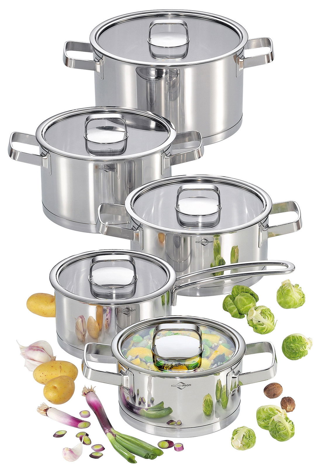 Fünfteiliges Topfset San Remo aus Edelstahl, bestehend aus verschiedenen Größen, mit Glasdeckeln und seitlichen Griffen, umgeben von frischem Gemüse. Ansicht von schräg oben.