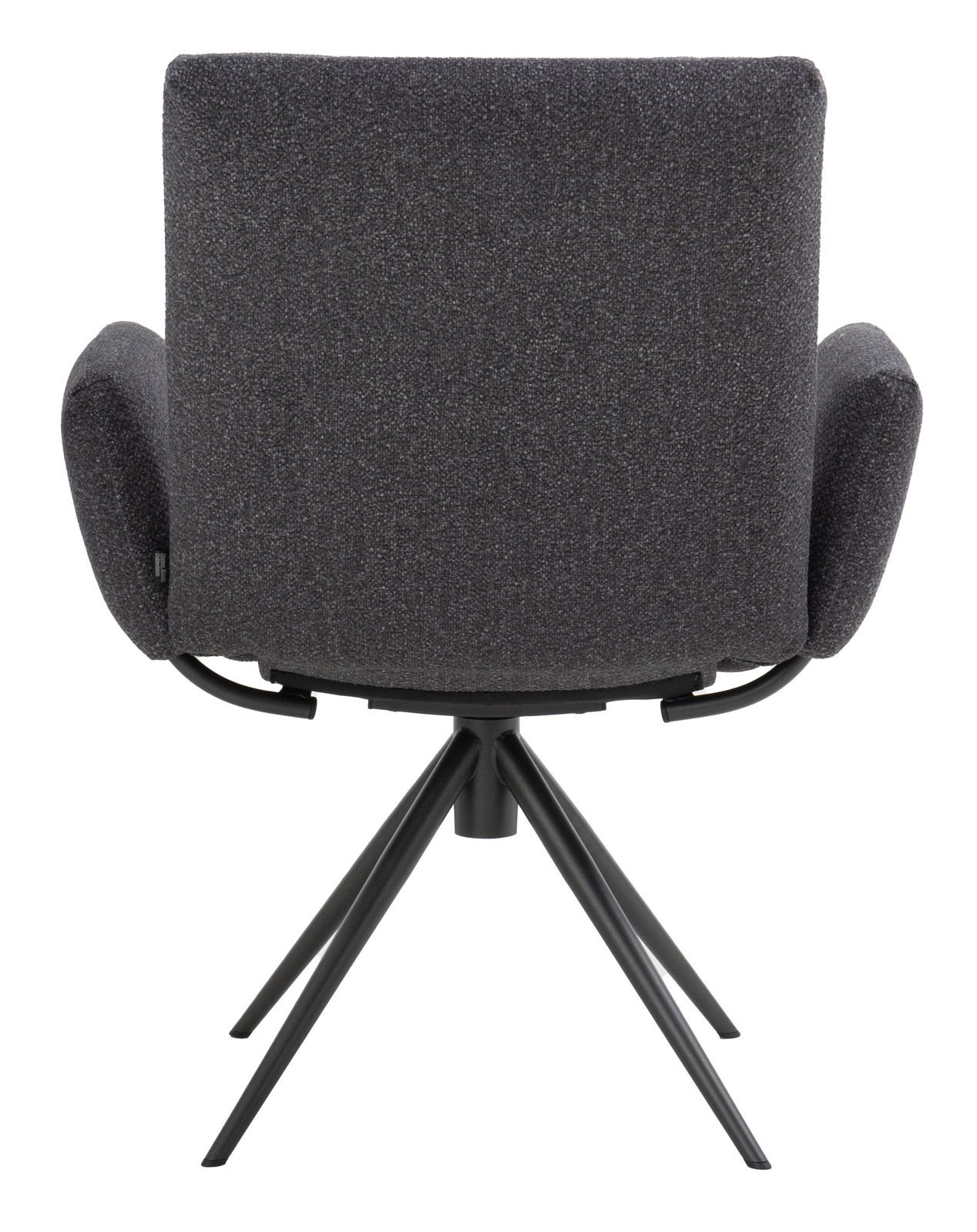 Rückansicht eines modernen Armlehnstuhls mit schwarzem Stoffbezug und schwarzem Metallgestell, Modell COCOON von Dieter Knoll.