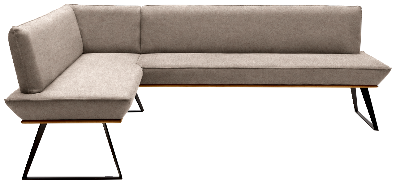 Eckbank in U-Form mit grauem Stoffbezug und schwarzen Metallbeinen, seitliche Perspektive