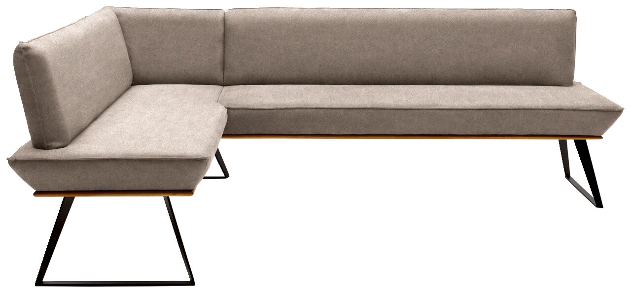 Eckbank in U-Form mit grauem Stoffbezug und schwarzen Metallbeinen, seitliche Perspektive
