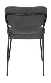 Rückansicht eines grauen Stuhls mit schwarzem Metallrahmen