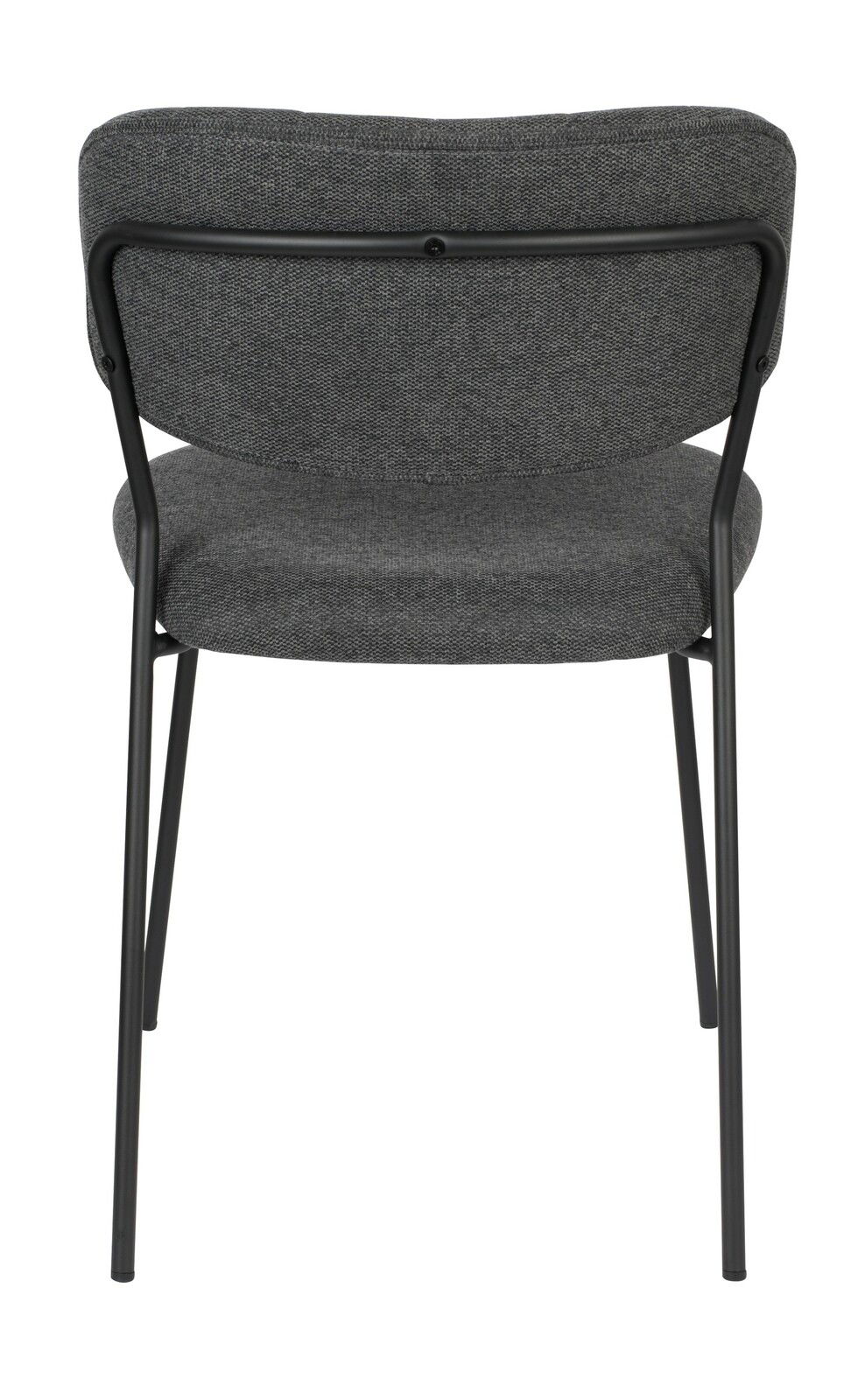 Rückansicht eines grauen Stuhls mit schwarzem Metallrahmen