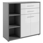 Moderner Aktenschrank mit grauem Korpus und weißen Hochglanzfronten, zwei Schubladen und zwei Türen, seitlich offene Regalfächer, Frontalansicht.