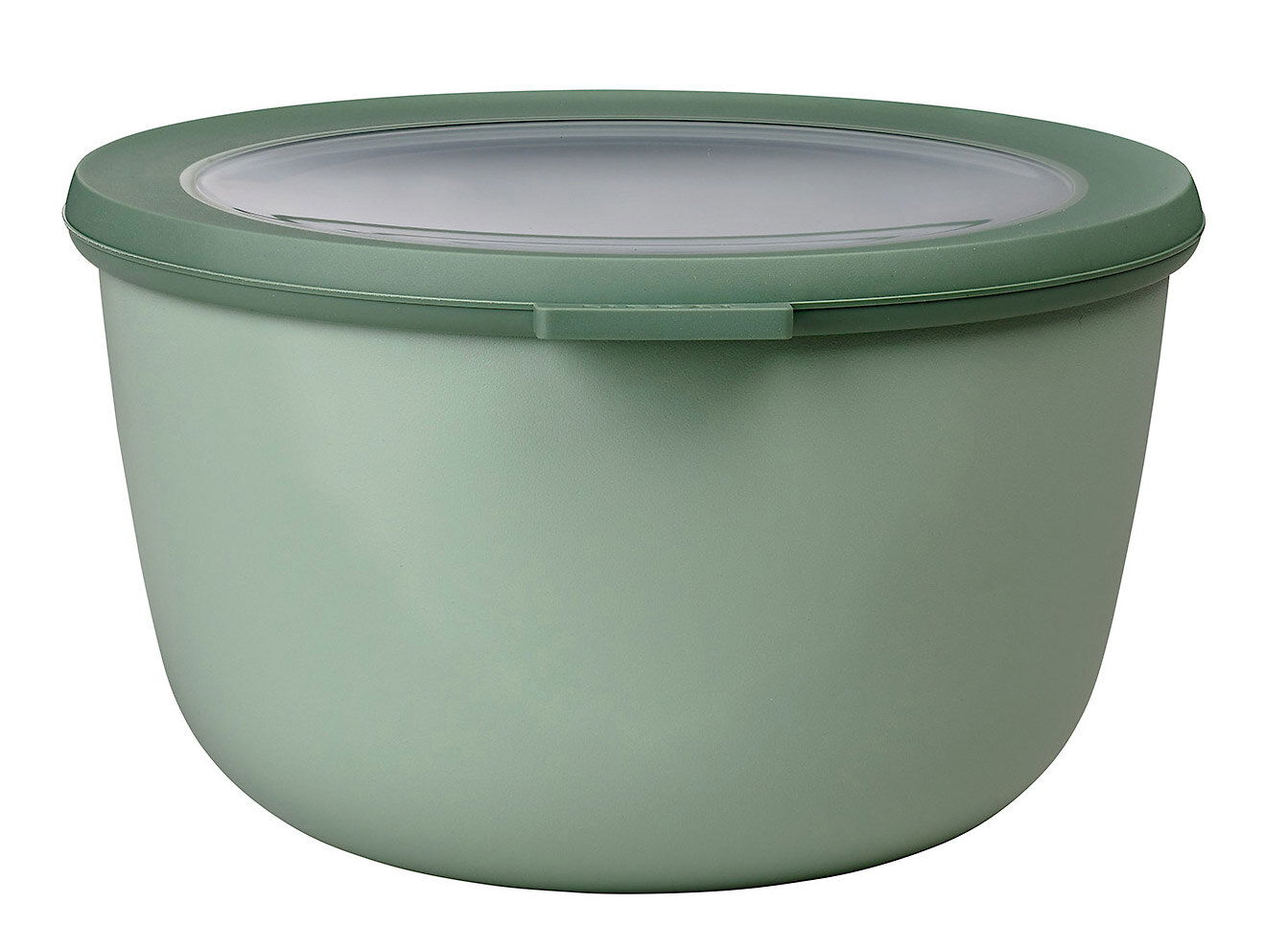 Grüne runde Multischüssel mit transparentem Deckel, seitliche Perspektive