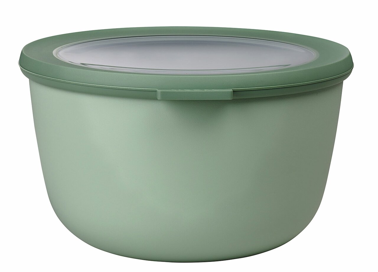 Grüne runde Multischüssel mit transparentem Deckel, seitliche Perspektive