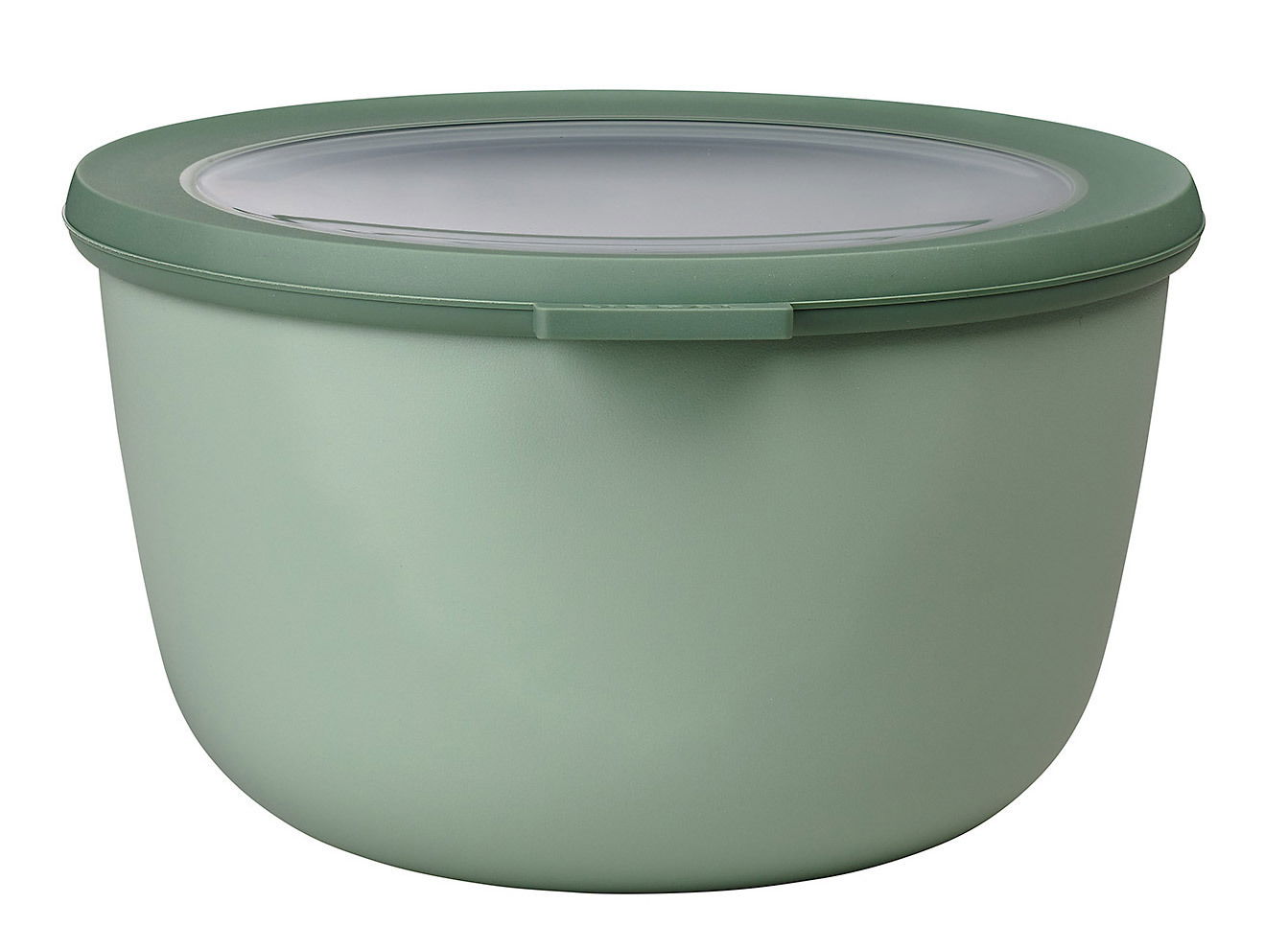 Grüne runde Multischüssel mit transparentem Deckel, seitliche Perspektive