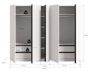 Offener weißer Kleiderschrank mit schwarzen Akzenten, Mittelteil mit Regalfächern und seitlichen Kleiderstangen, Maßangaben (B 230 cm, H 183 cm, T 53 cm) und 5-kg-Belastungshinweisen, Frontansicht leicht schräg von vorn.