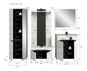 Badezimmermöbel-Set in Weiß mit schwarzer Rückwand: Hochschrank, Waschtischunterschrank und Spiegel mit Maßangaben, Frontansicht und Detailansichten mit geöffneten Türen.