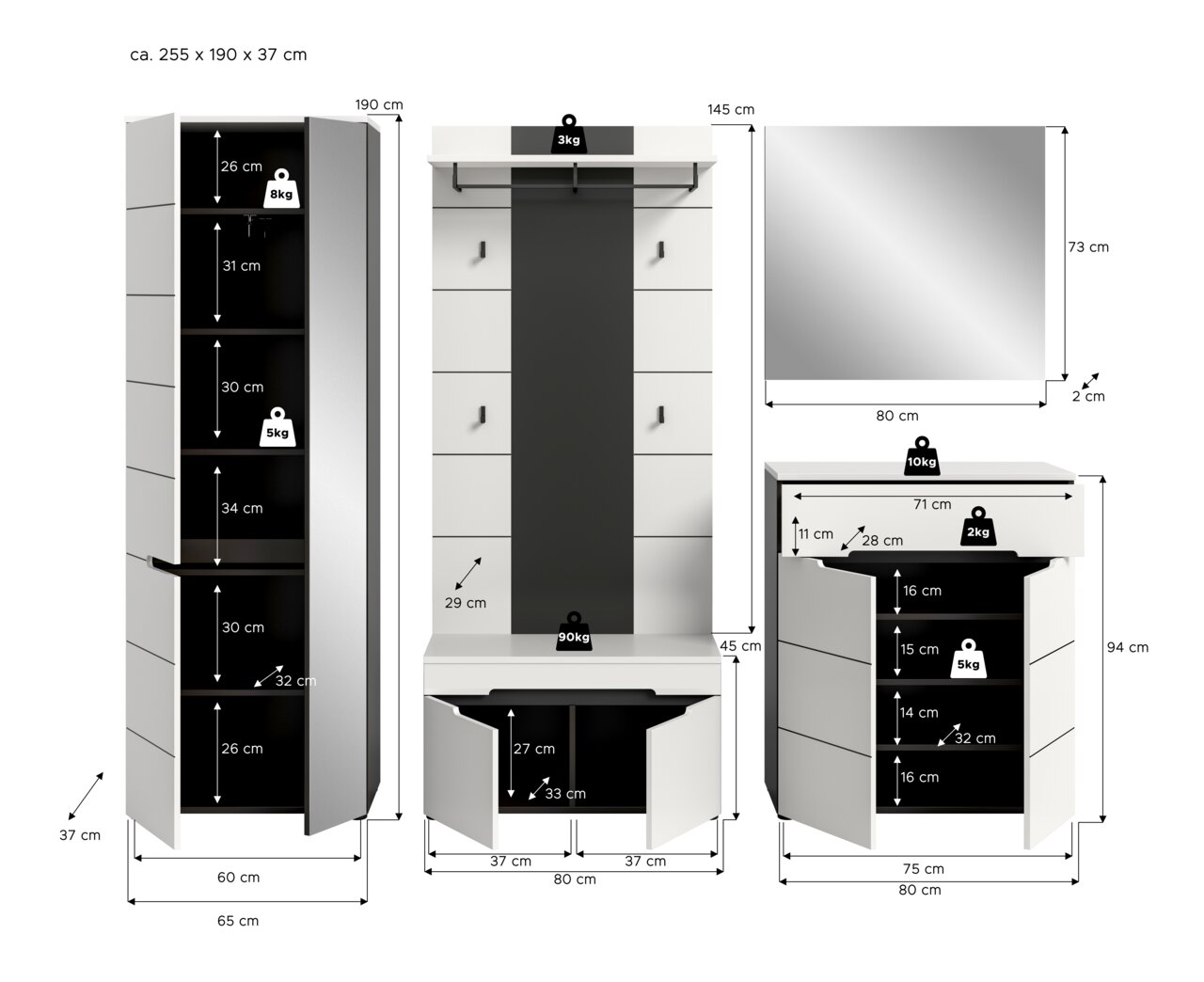 Badezimmermöbel-Set in Weiß mit schwarzer Rückwand: Hochschrank, Waschtischunterschrank und Spiegel mit Maßangaben, Frontansicht und Detailansichten mit geöffneten Türen.