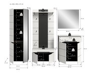 Badezimmermöbel-Set in Weiß mit schwarzer Rückwand: Hochschrank, Waschtischunterschrank und Spiegel mit Maßangaben, Frontansicht und Detailansichten mit geöffneten Türen.
