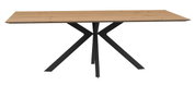 Moderner Esstisch mit rechteckiger Holzplatte und schwarzem Metallgestell, seitliche Perspektive.