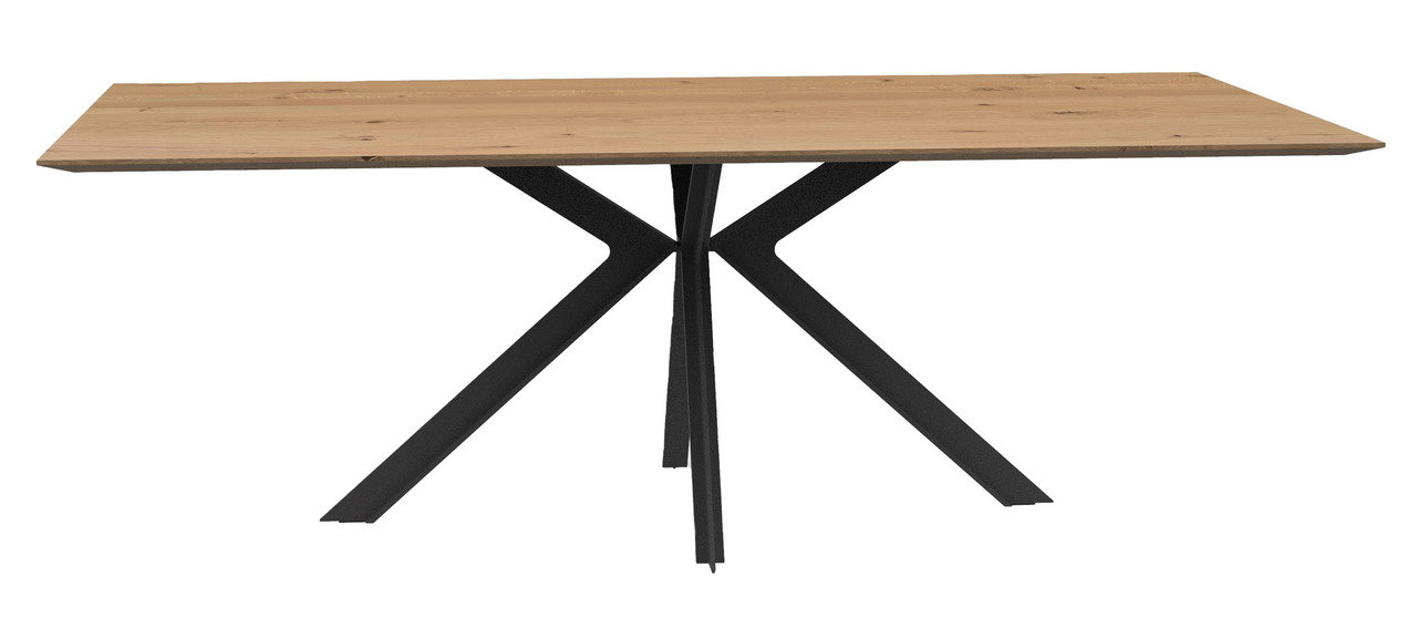 Moderner Esstisch mit rechteckiger Holzplatte und schwarzem Metallgestell, seitliche Perspektive.