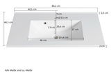 Waschtisch-Set aus der Vogelperspektive mit Maßen: Breite 80,2 cm, Tiefe 46,5 cm, Höhe 2,5 cm. Integriertes Waschbecken mit Abfluss und Überlauf.