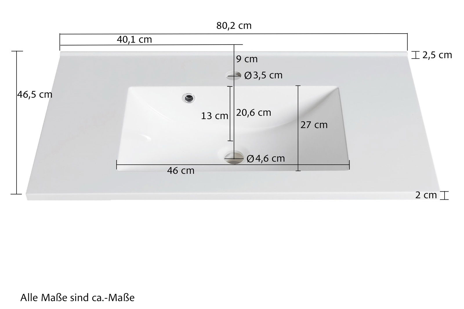 Waschtisch-Set aus der Vogelperspektive mit Maßen: Breite 80,2 cm, Tiefe 46,5 cm, Höhe 2,5 cm. Integriertes Waschbecken mit Abfluss und Überlauf.