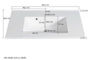 Waschtisch-Set aus der Vogelperspektive mit Maßen: Breite 80,2 cm, Tiefe 46,5 cm, Höhe 2,5 cm. Integriertes Waschbecken mit Abfluss und Überlauf.