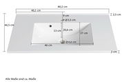 Waschtisch-Set aus der Vogelperspektive mit Maßen: Breite 80,2 cm, Tiefe 46,5 cm, Höhe 2,5 cm. Integriertes Waschbecken mit Abfluss und Überlauf.