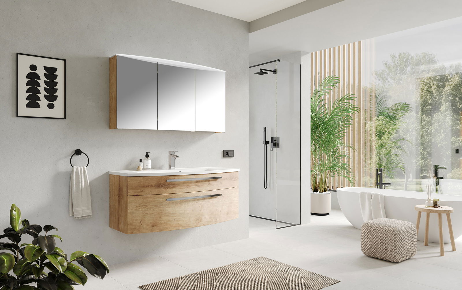 Moderner Badezimmerblock mit Holzoptik und Spiegel, seitliche Perspektive
