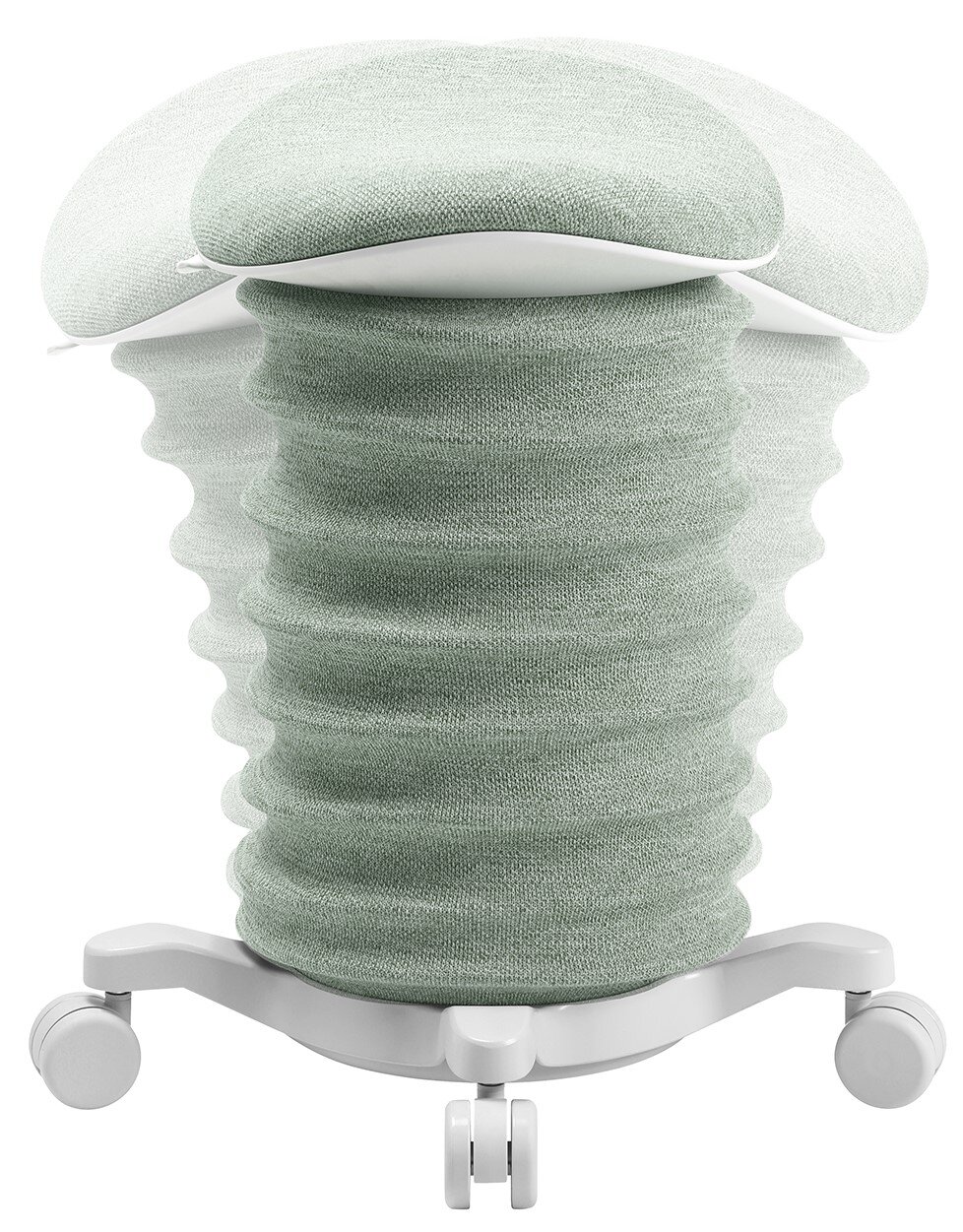 Aktiv-Sitz in seitlicher Perspektive mit wellenförmigem, gepolstertem Design und Rollen.