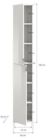 Schmaler, weißer Garderobenschrank mit mehreren Fächern, seitliche Perspektive.