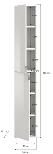 Schmaler, weißer Garderobenschrank mit mehreren Fächern, seitliche Perspektive.
