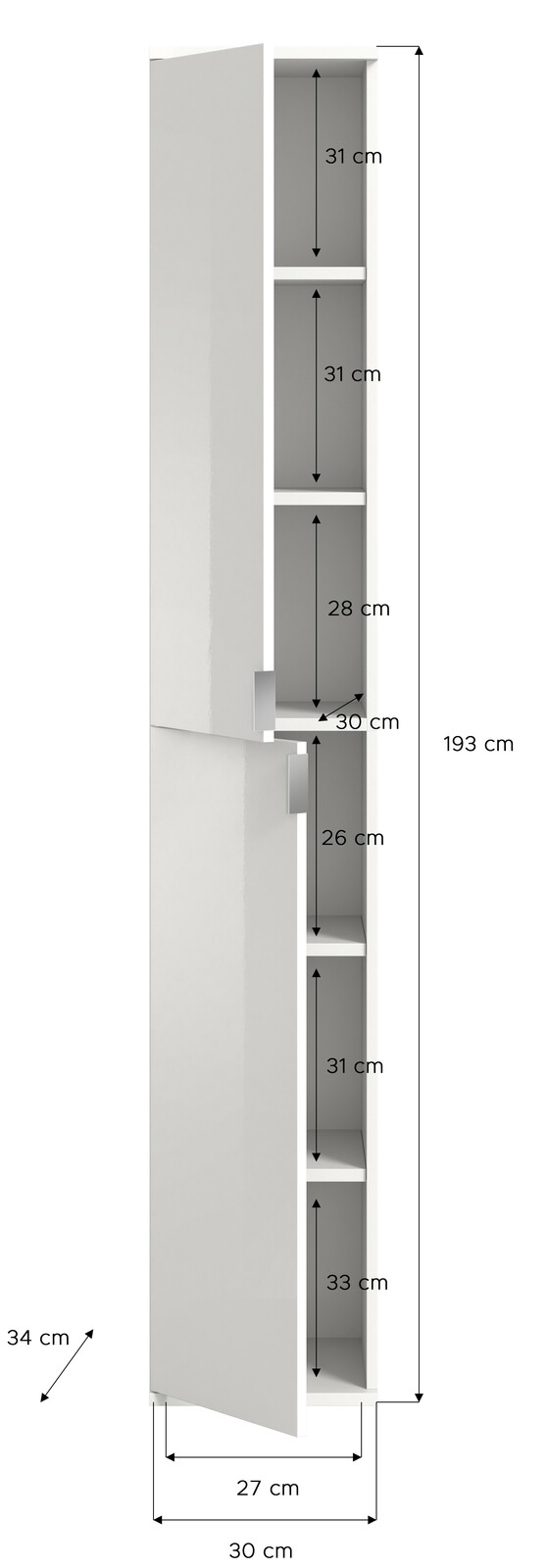 Schmaler, weißer Garderobenschrank mit mehreren Fächern, seitliche Perspektive.