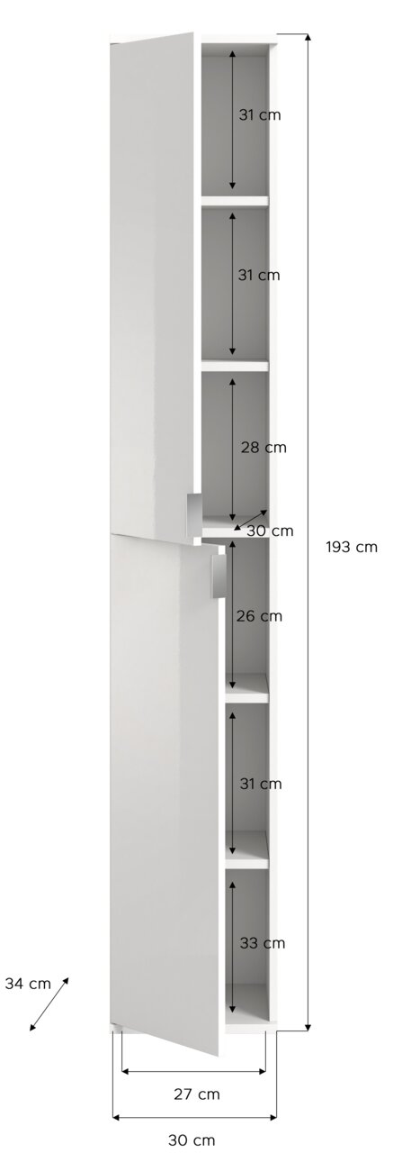 Schmaler, weißer Garderobenschrank mit mehreren Fächern, seitliche Perspektive.