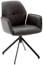 Zwarte fauteuil met een modern ontwerp, gestoffeerde zitting en rugleuning, op een stevig metalen onderstel met vier poten. Perspectief: zijaanzicht.