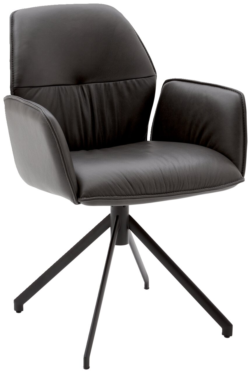 Zwarte fauteuil met een modern ontwerp, gestoffeerde zitting en rugleuning, op een stevig metalen onderstel met vier poten. Perspectief: zijaanzicht.