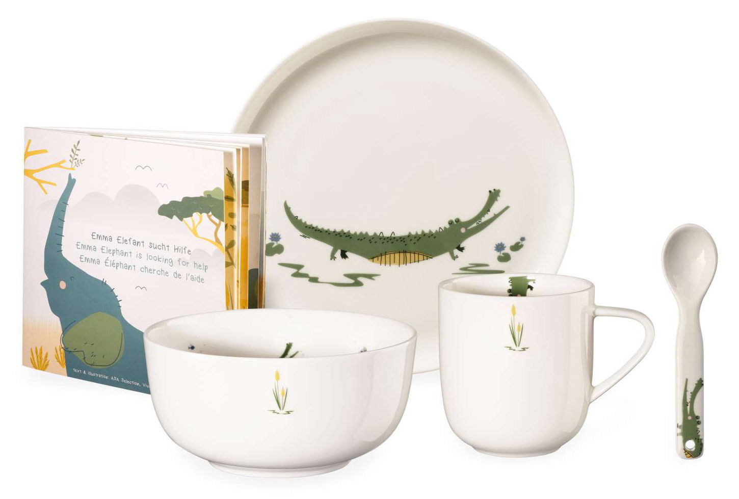 Kindergeschirr-Set mit Krokodil-Motiv, bestehend aus Teller, Schüssel, Tasse, Löffel und Buch, aus der Vorderansicht.