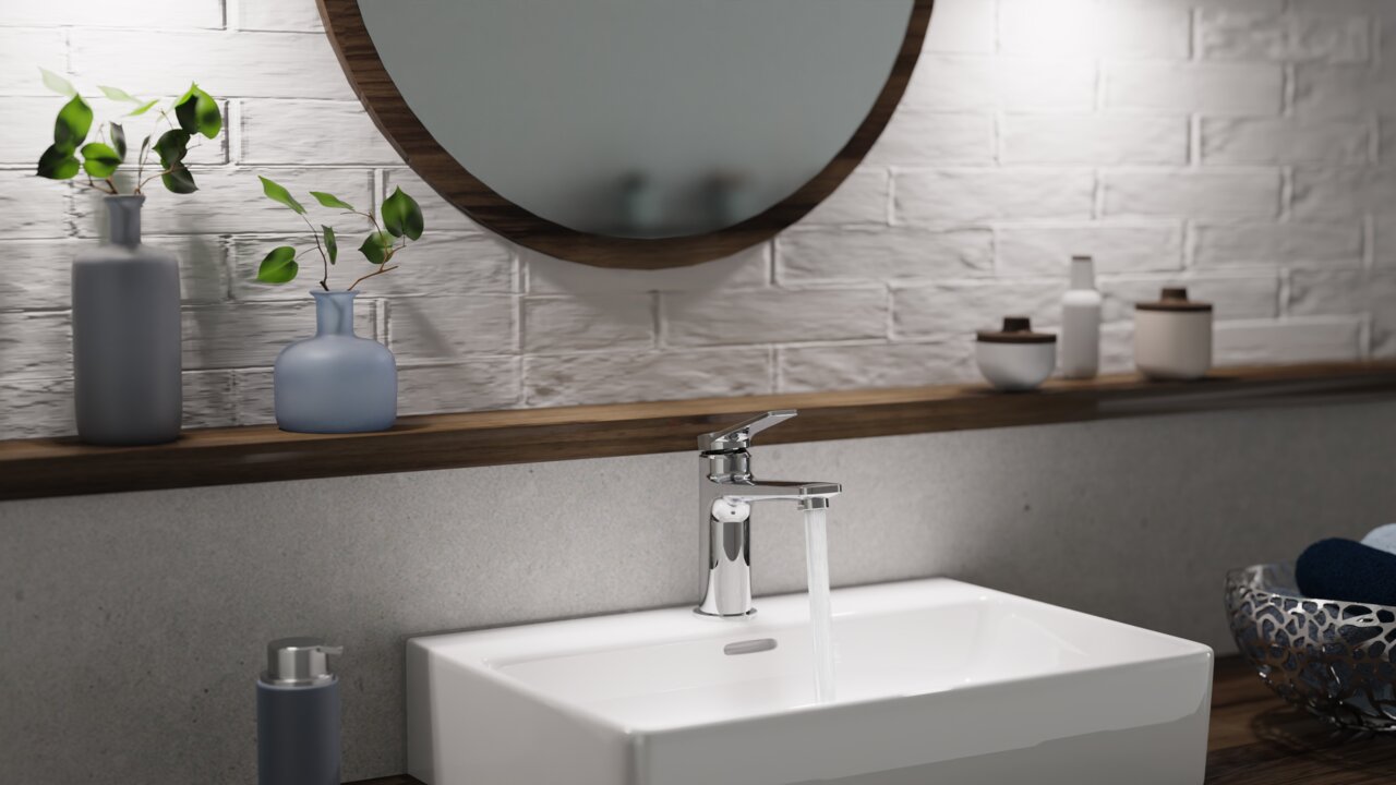 Moderne Waschtischarmatur in einem stilvollen Badezimmer, seitliche Perspektive