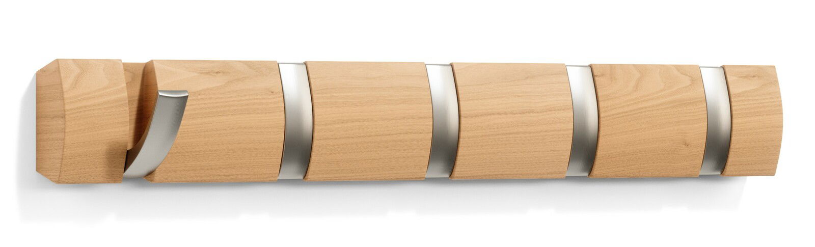 Moderne Wandgarderobe aus Holz mit ausklappbaren Haken, seitliche Perspektive