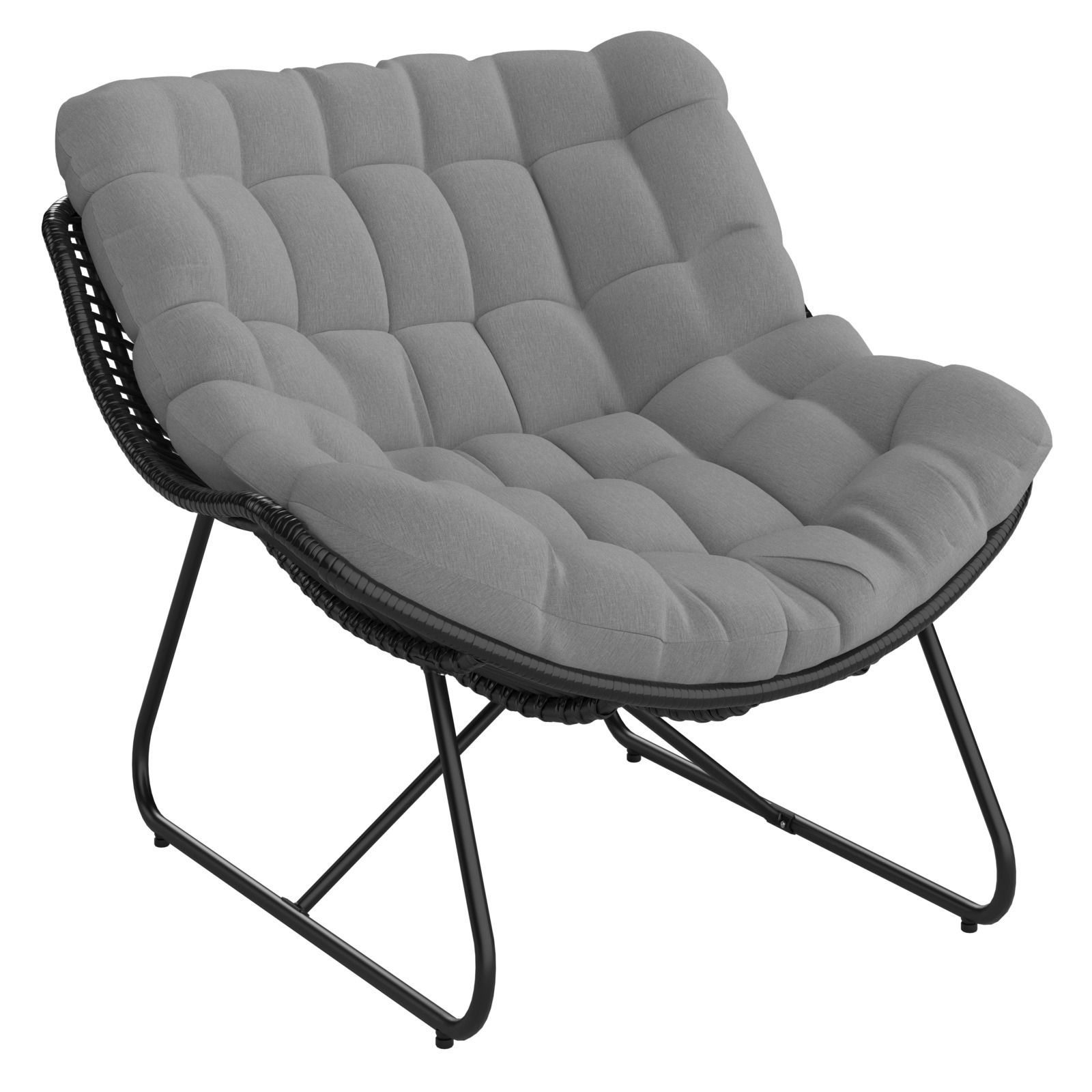 Grauer Relaxsessel mit gepolsterter Sitzfläche und schwarzem Metallgestell, seitliche Perspektive