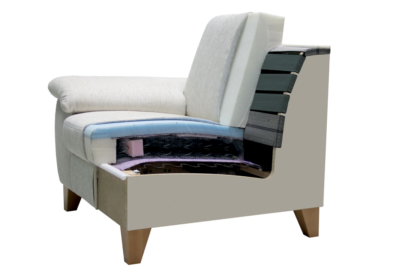 Querschnitt eines Hochlehnsessels mit sichtbarer Polsterung und Federung, seitliche Perspektive