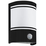 Moderne Wandleuchte 'CERNO' in schwarzem Gehäuse mit weißem Lichtpanel und integriertem Bewegungssensor, Frontalansicht