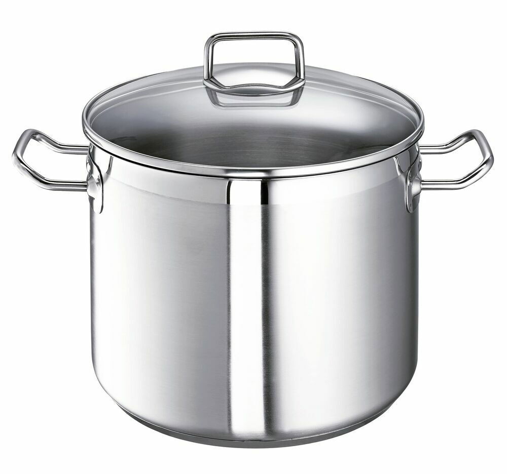 Großer, glänzender Edelstahltopf mit Deckel und zwei Griffen, frontal abgebildet.
