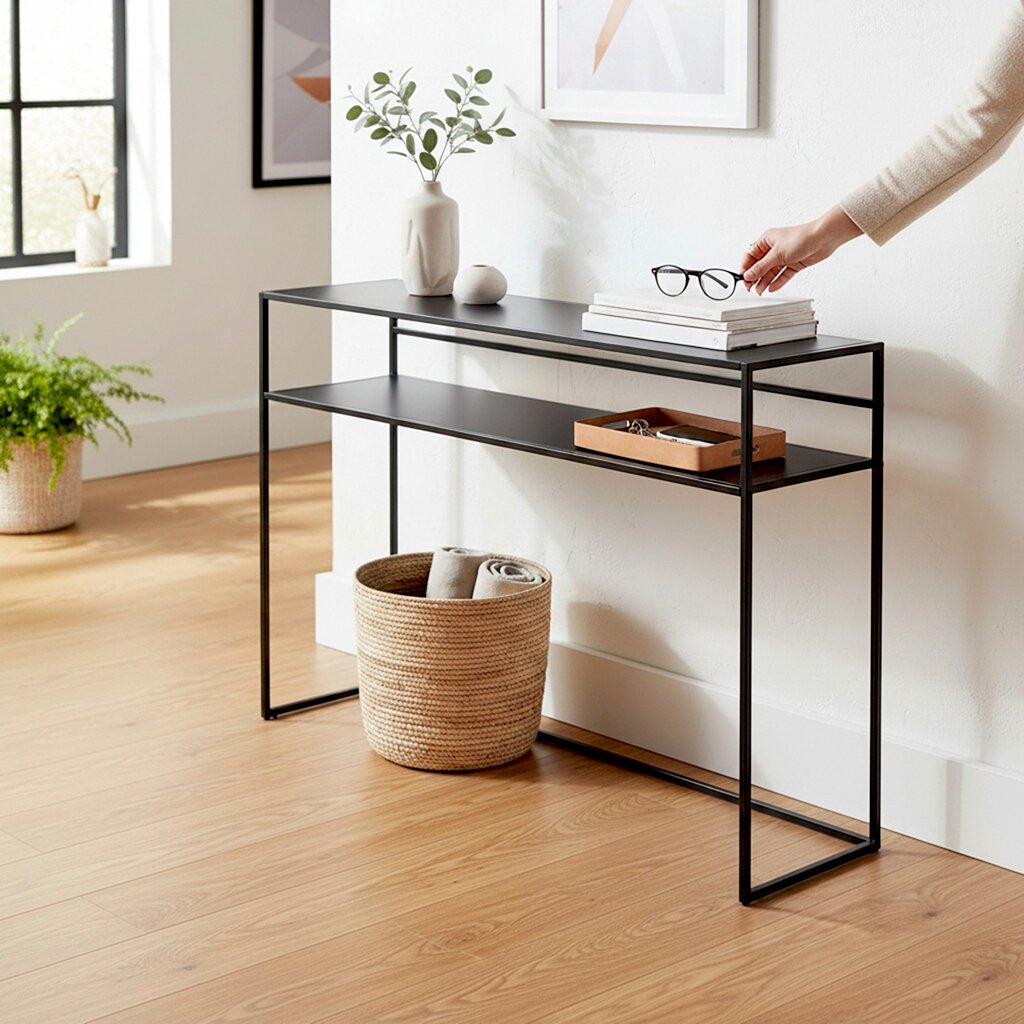 Schmales, zweistöckiges Konsolentisch-Regal aus schwarzem Metall im minimalistischen Design, seitliche Frontansicht im hellen Wohnraum, dekoriert mit Vase, Büchern und Ablagebox.
