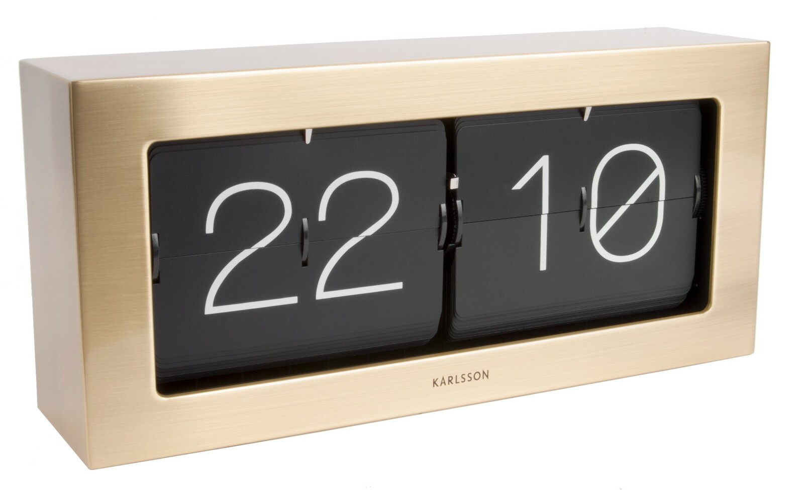 Tischuhr XL mit goldfarbenem Rahmen und schwarzem Ziffernblatt, seitliche Perspektive