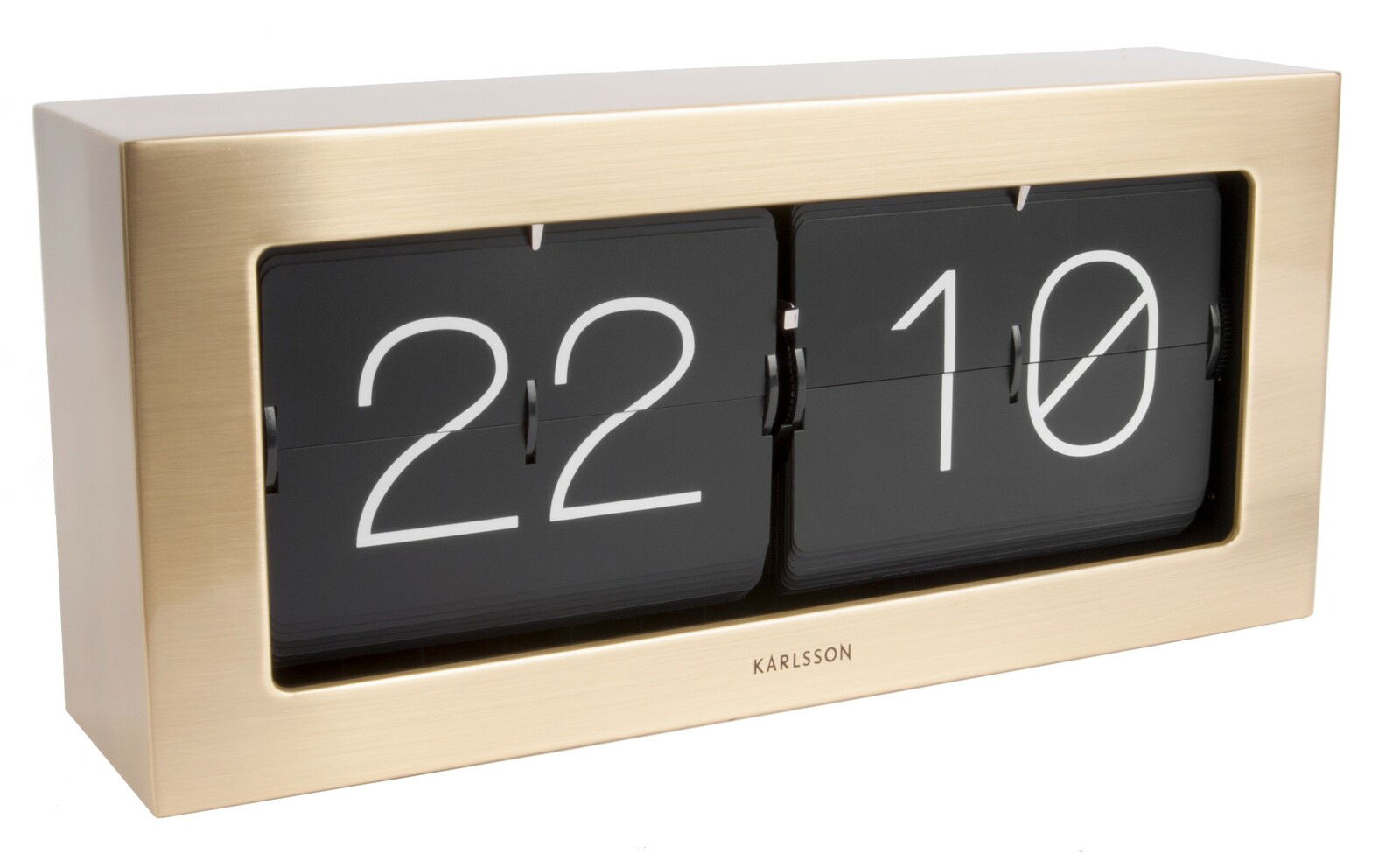 Tischuhr XL mit goldfarbenem Rahmen und schwarzem Ziffernblatt, seitliche Perspektive